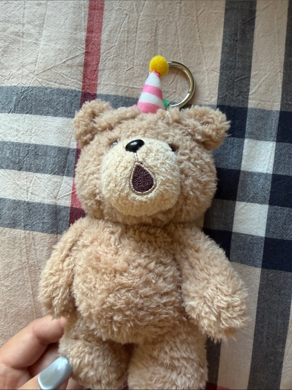 Beige Plush Teddy Bear Bag Charm with Pink Striped Party Hat